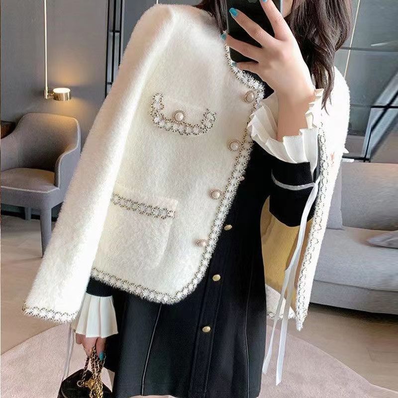French Style Short Outwear for Women 2023 Autum New Fashion Ladylike Elegant Round Neck Knitted Cardigan Top