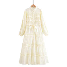 外贸za蕾丝拼接蝴蝶结镂空花边长袖假两件小众公主蛋糕秋季连衣裙