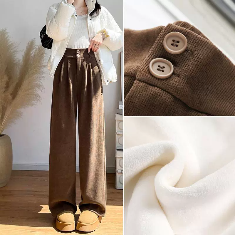 Коричневые вельветовые брюки для женщин, новинка 2025 года, осенне-зимние, на флисовой подкладке, утолщенные, для миниатюрных фигур, с высокой талией, драпированные, узкие, широкие штанины