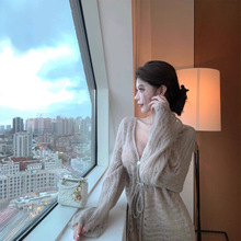 kubiliv日光柔纱马海毛羊毛混纺v领抽绳设计针织开衫外套上衣