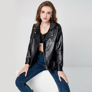 欧美机车皮夹克女装横拉链皮衣女短款修身皮衣外套图片