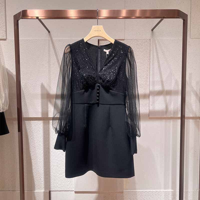 2023 Autum Style Black Long-Sleeved V-Neck Mesh Korean Style Slim Dress P104603D