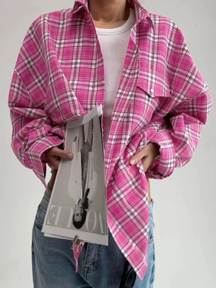 เสื้อแขนยาวฤดูใบไม้ร่วงย้อนยุค ลายตาราง หลายสี ไซส์ S–XL