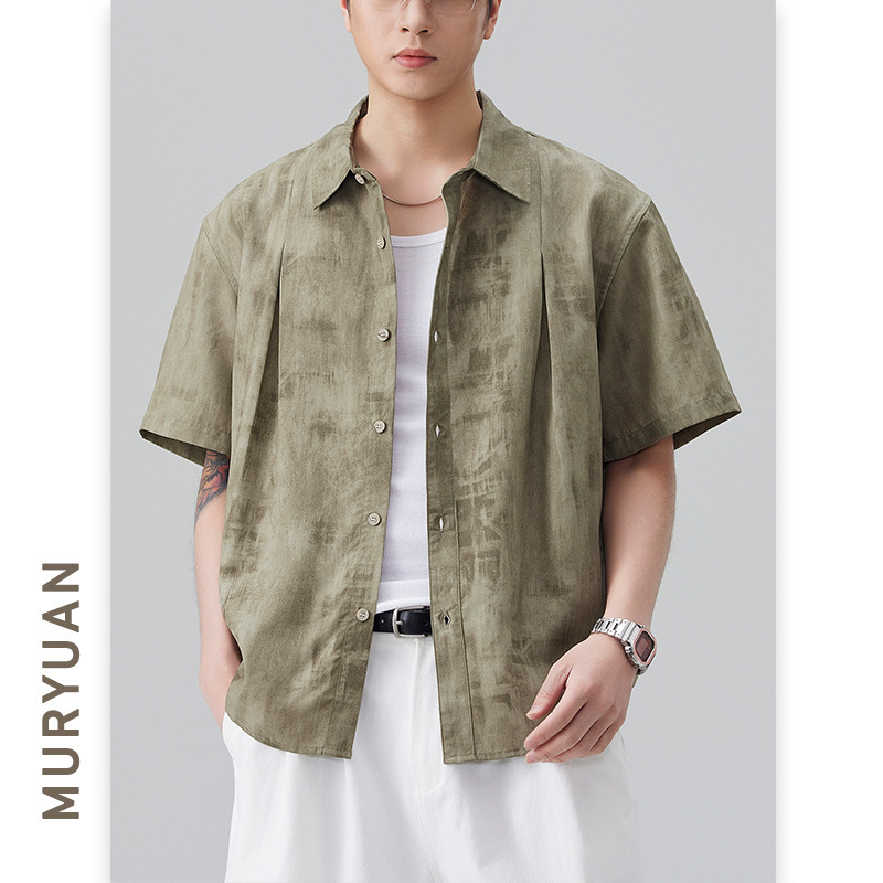 Muyuan Men's Wear American-Style Tie-Dye Lyocell Tencel Short-Sleeved Shirt Men's New Summer Loose Linen Top