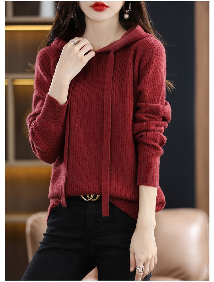 【 Cashmere Family】 Maglione con cappuccio in lana da donna, felpa corta con cappuccio per mamme di mezza età, strato interno in maglia larga_voghion.com