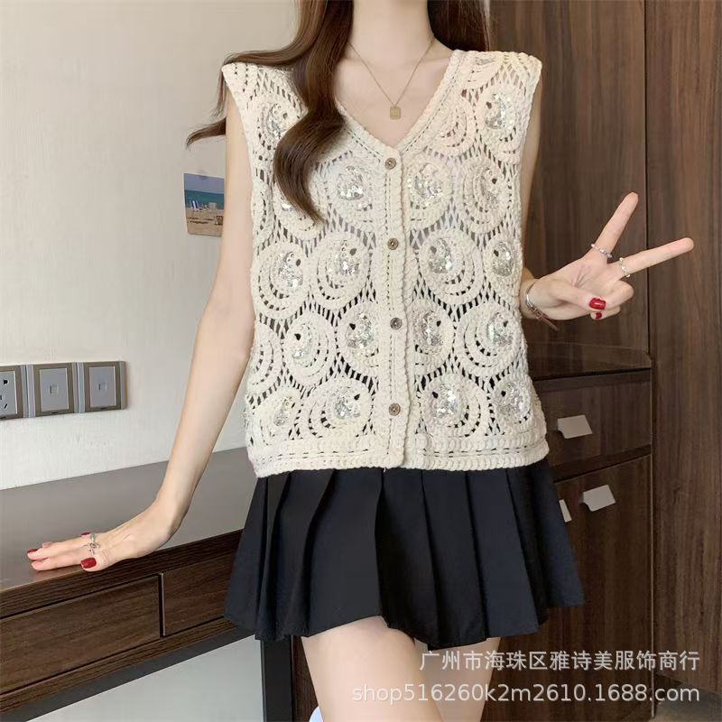 Top femenino primavera, chaleco con lentejuelas y cadenas huecas, cuello en V, estilo dulce y picante, diseño suelto