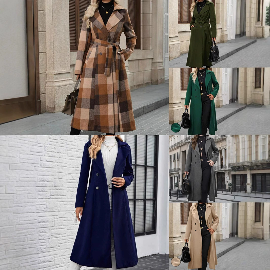 Европейская и американская Amazon трансграничная внешняя торговля новый лацканный шерстяной шнуровка двубортный плюс длинное пальто пальто пальто женская ветровка