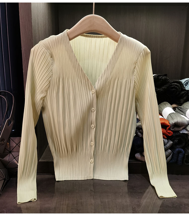 Áo cardigan cổ chữ V dáng ngắn tay dài mới xuân hè — Màu xanh lam nhạt, Màu đen, Màu tím nhạt, Màu hồng chi tiết 17