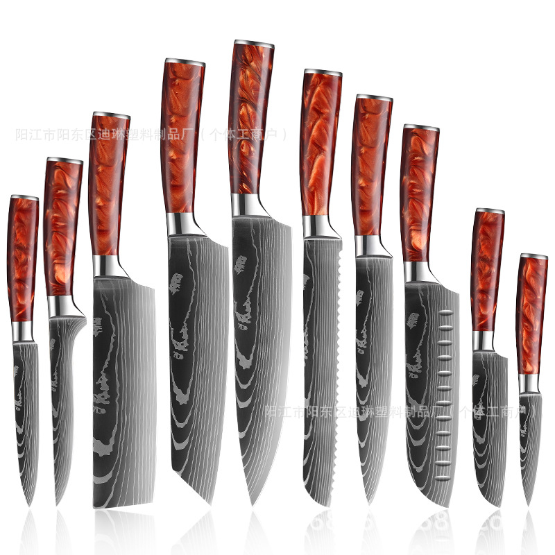 Professional Japanese Damascus Laser Pattern Chef Knife Set Kitchen Knife 10-Piece Knife Set Santoku Knife