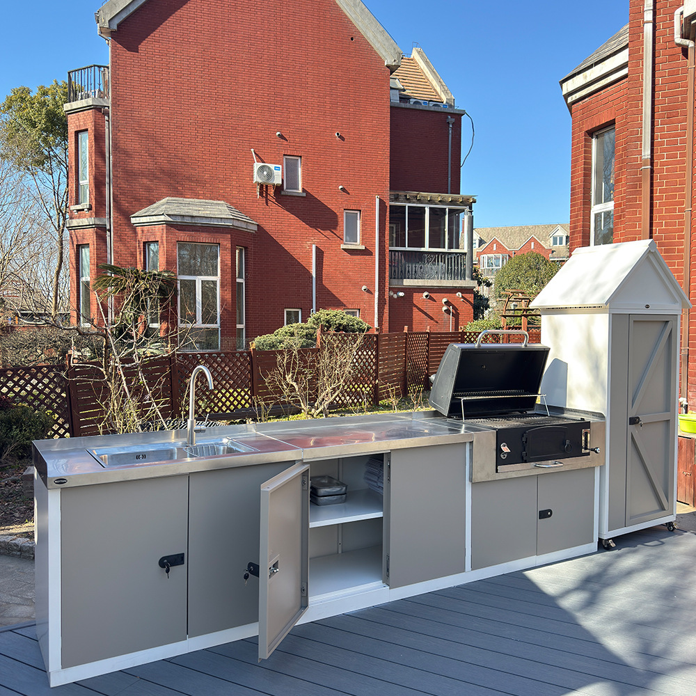 户外烧烤操作台不锈钢台面水槽水龙头防水防潮金属现场拼接储物柜