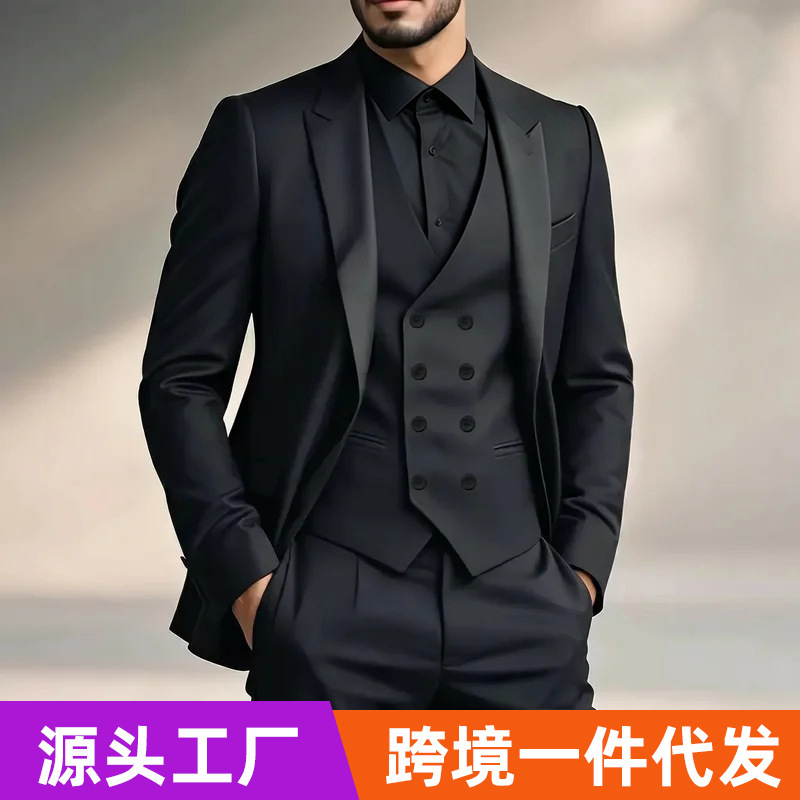 Cross-border men's suit set, stylish for weddings and business, solid color suit, Amazon three-piece set, elegant and casual Cross-border men's suit set, stylish for weddings and business, solid color suit, Amazon three-piece set, elegant and casual