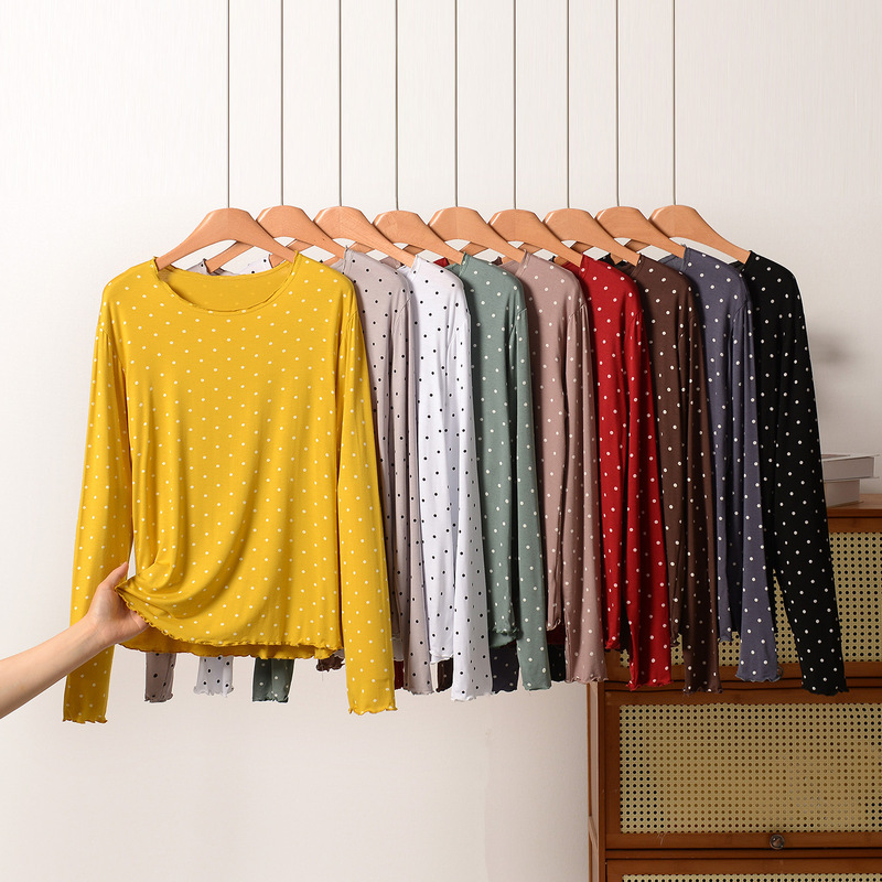 Women's long-sleeve T-shirt with ruffled edges, thin pajama-style, round neck, polka dot, loose fit, plus size, casual base shirt, summer top