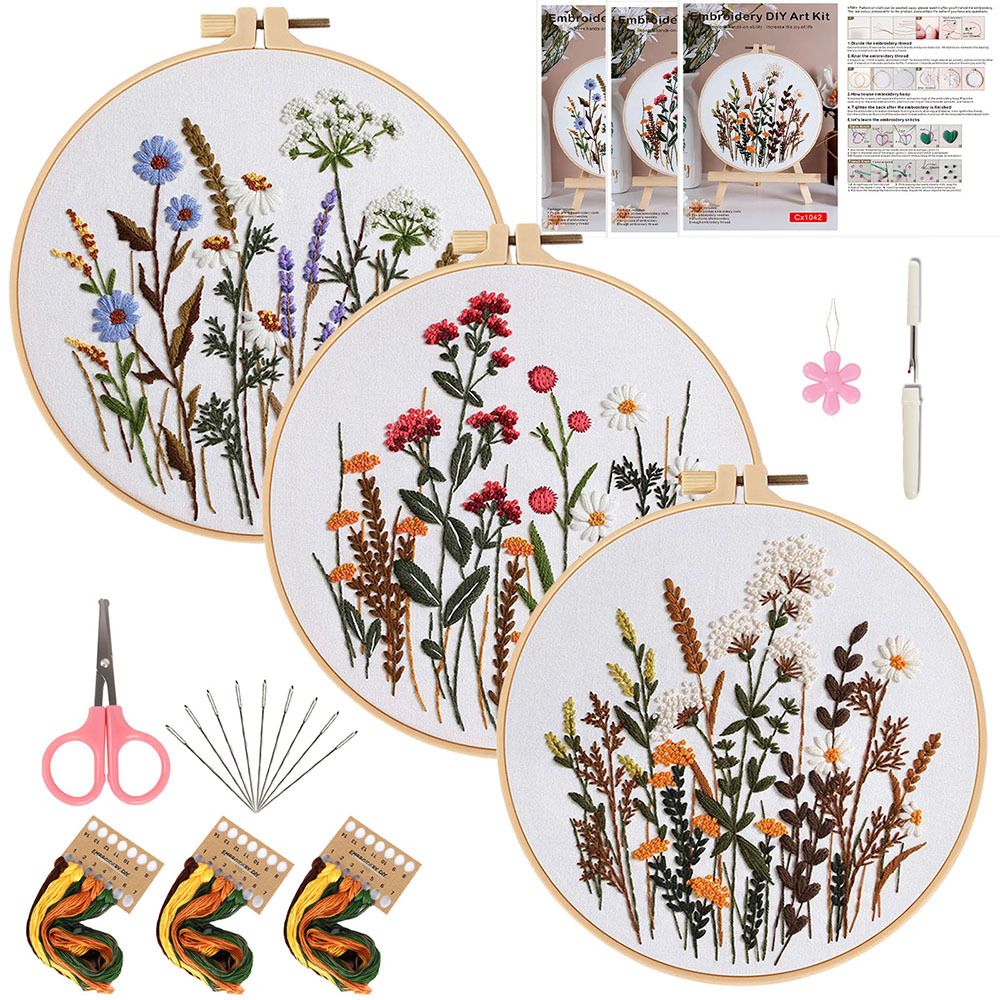 Juego de 3 piezas cx1039 + 1041 + 1042 + 1 tensión bordada + 1 tijeras rosas + 1 hilo Rosa + 1 hilo blanco