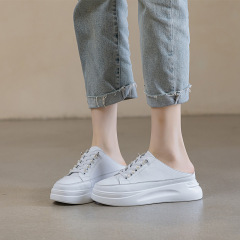 真皮半拖鞋女包頭外穿2024夏款無後跟小白鞋懶人一腳蹬厚底半托鞋