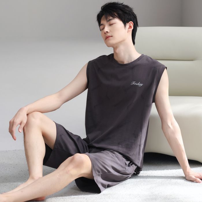 여름 남성 순면 잠옷 조끼 반바지 얇은 느슨한 한국 스타일 하이 엔드 청소년 100면 가정복