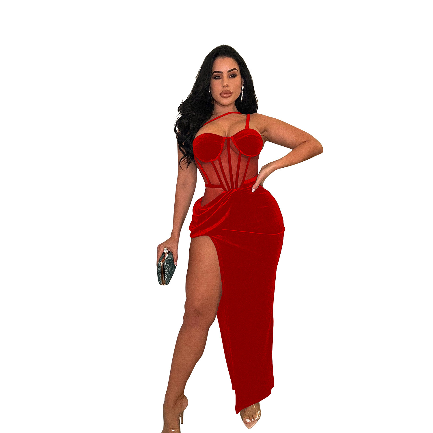C6732 transfronteriza AliExpress Amazon Europa y América de las mujeres de moda de color sólido correa de malla vestido de la División