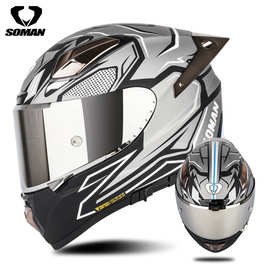 新3C款SOMAN摩托车赛车玻璃钢太空全盔头盔双镜片机车男女四季骑