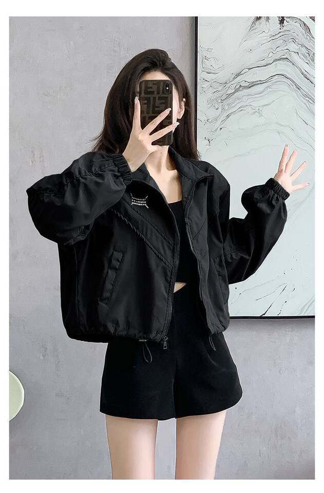 Áo khoác nữ dáng ngắn chiết eo cổ đứng khóa kéo phong cách casual — Màu lúa mì, Màu trắng ngà, màu đen chi tiết 11