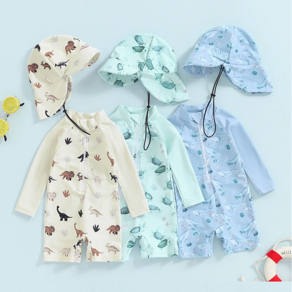 70-80-90-100-110 Шляпы Спленные детские купальники с длинными рукавами