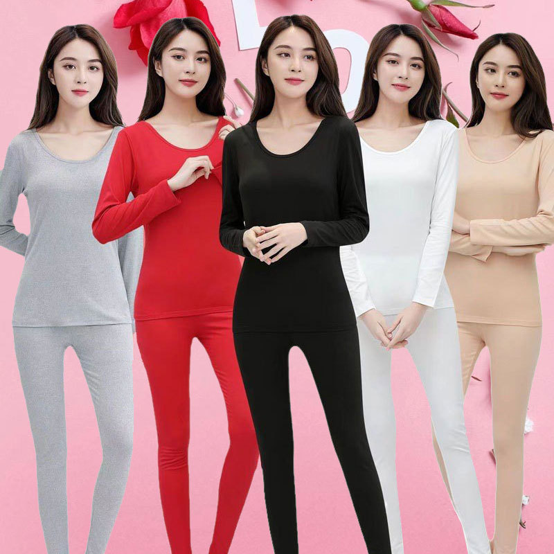 여성용 순수한면 가을 옷과 바지 세트 얇은 둥근 목 열 속옷 여성용 베이직 바지 슬림 핏 썬더 의류 및 썬팬츠