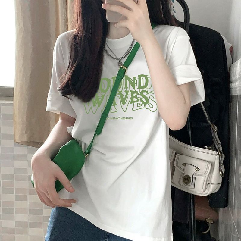 2026 Summer White Letter Print Short-Sleeve Cotton T-Shirt for Women, Fashionable Niche Loose Top, Trendy on Instagram