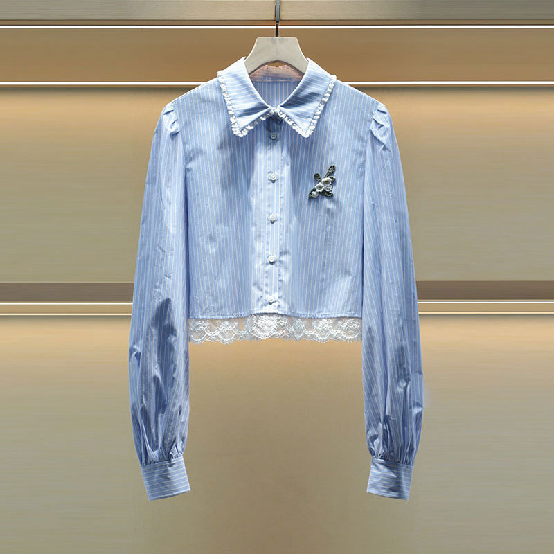 Mo Shu Wei Ya 2025 Spring New Striped Lel Lace Embroidered Daisy Diamond Short Shirt 1016C