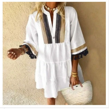 2021 трансграничное Европа и США летнее Новое Женское ретро-платье горячего цвета контрастная мини-юбка с V-образным вырезом и кисточками