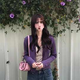 法式优雅紫色针织开衫女装年春季新款约修身显短款上衣