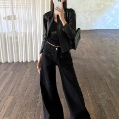 4PRL 黑色口袋喇叭牛仔裤女秋季显高显瘦宽松休闲百搭阔腿裤长裤