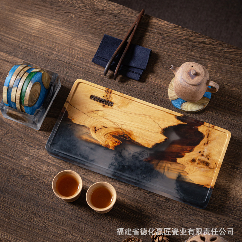 Bandeja de té transfronteriza, bandeja de té para el hogar, mesa de espuma seca pequeña moderna de lujo ligero, bandeja de drenaje rectangular de té de tohuja de madera maciza