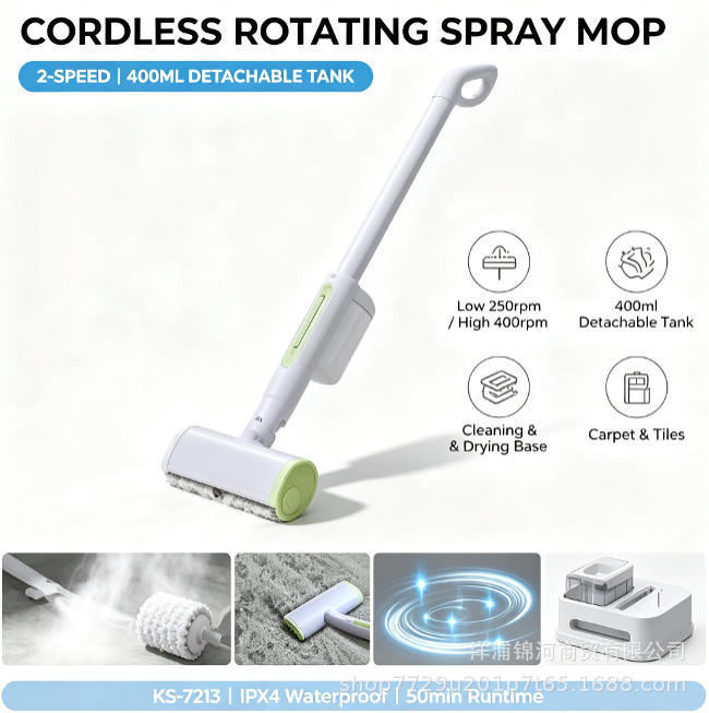 Factory wholesale wireless electric spray mop, featuring dual-speed settings, IPX4 waterproof rating, and a dual-brush cleaning base