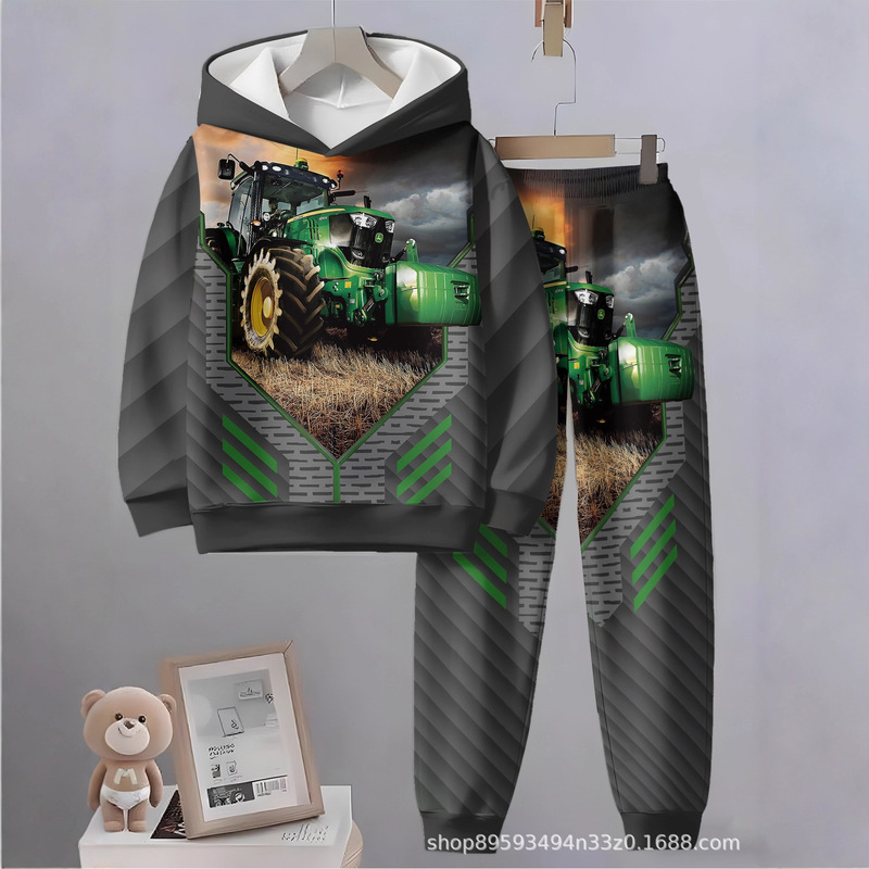 Autumn and Winter John Deere Green Tractor Hooded Sweatshirt Set for Boys and Girls, Agricultural Machinery Geometric Two-Piece Set
