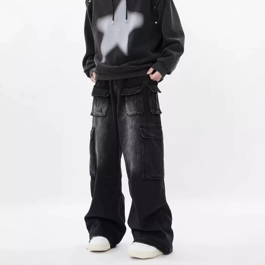 2025年设计感高街美式复古男新款阔腿牛仔裤宽松潮牌裤子