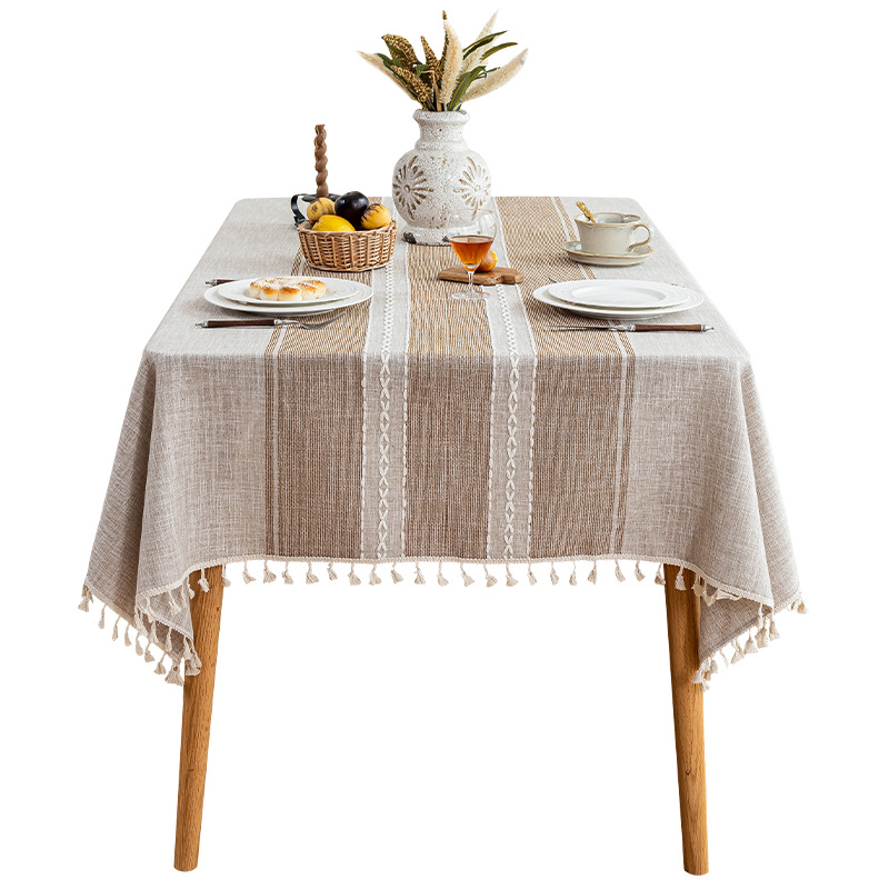 Mantel de comedor de lino y algodón de imitación de estilo japonés, mantel impermeable de lujo ligero y de alta gama, mesa de centro a rayas literarias, tela de tela