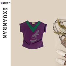 春夏气质V领紫色时尚减龄休闲短袖女氛围小众T恤短款收腰上衣女装