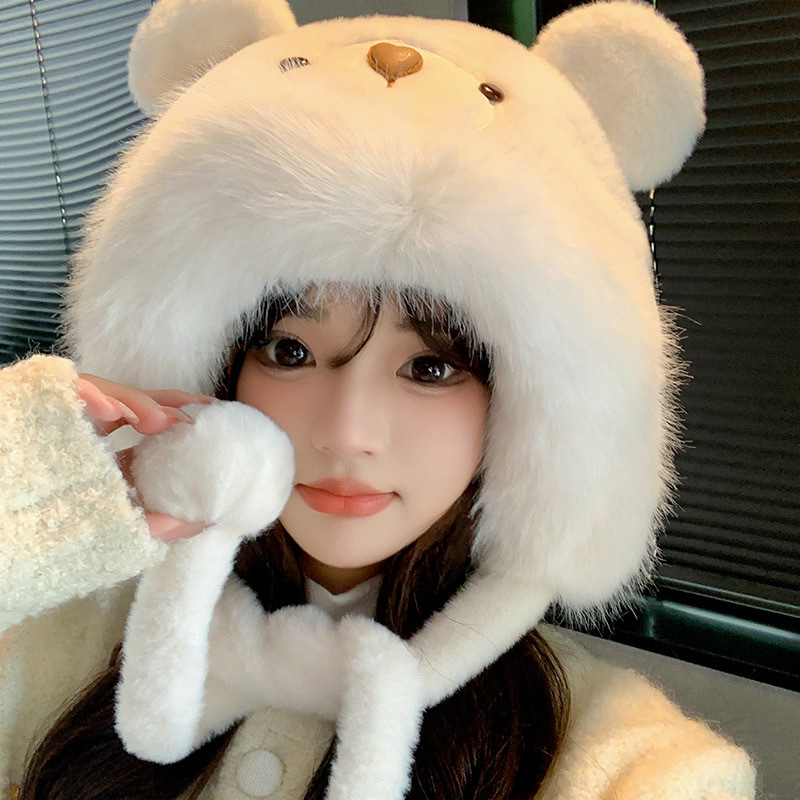 ぬいぐるみクマの帽子女性のための秋と冬 2025 新しいかわいい顔が見える小さな防風暖かい耳保護多用途プルオーバー帽子