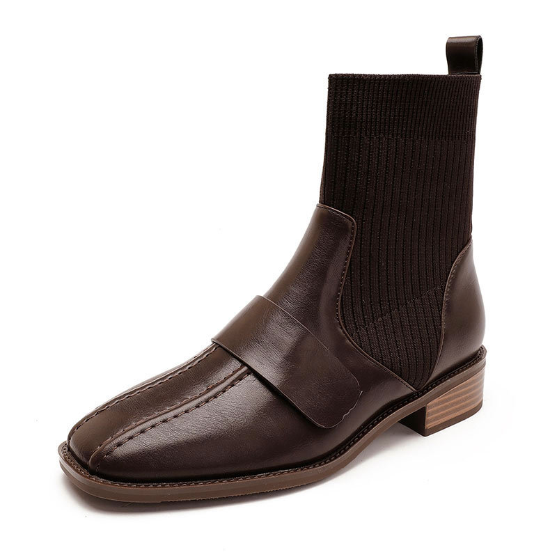 Elastic knitted demi-season retro brown low boots square toe