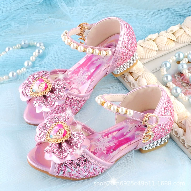 Детские туфли-принцессы 2025: летние сандалии Эльзы, хит продаж, модные детские туфли на высоком каблуке с мягкой подошвой и стразами для девочек 6 лет, модель «рыбий рот»