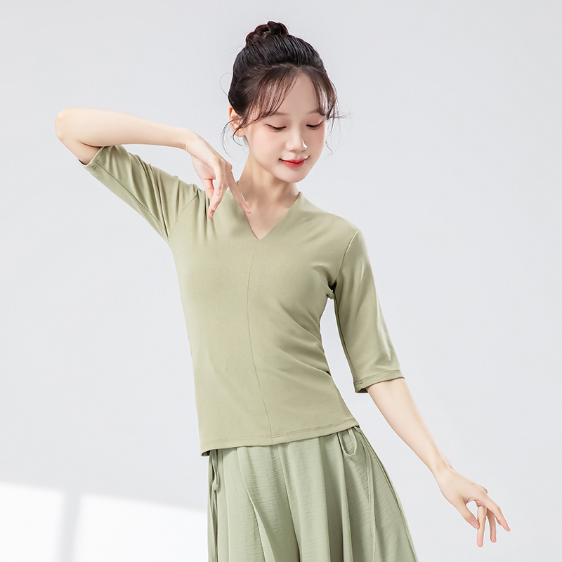 モダンダンス練習着 女性用 新型 Vネック スリムフィット 半袖ニットトップス 中国舞踊 日常体操 ダンスウェア|undefined