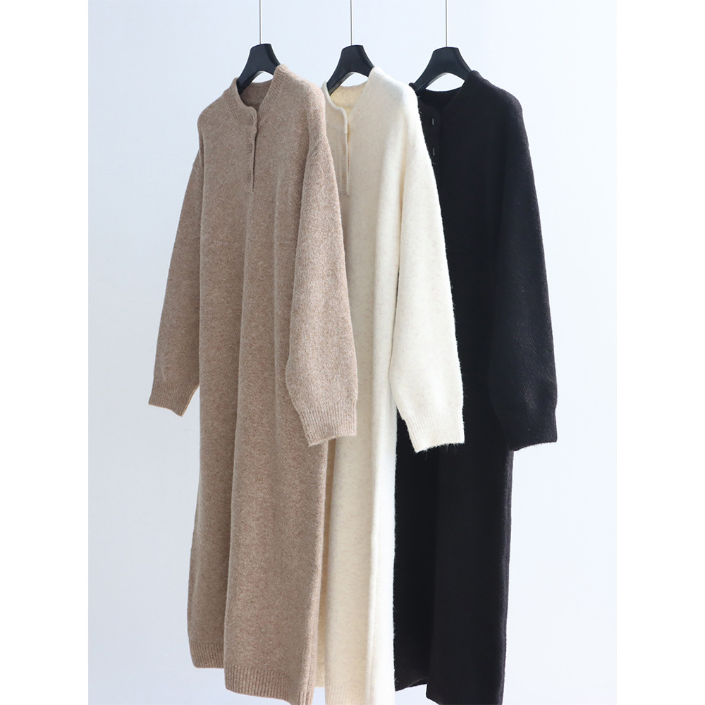 新中式立领长袖连衣裙糯米绒加厚针织裙直筒显瘦中长裙打底毛衣裙