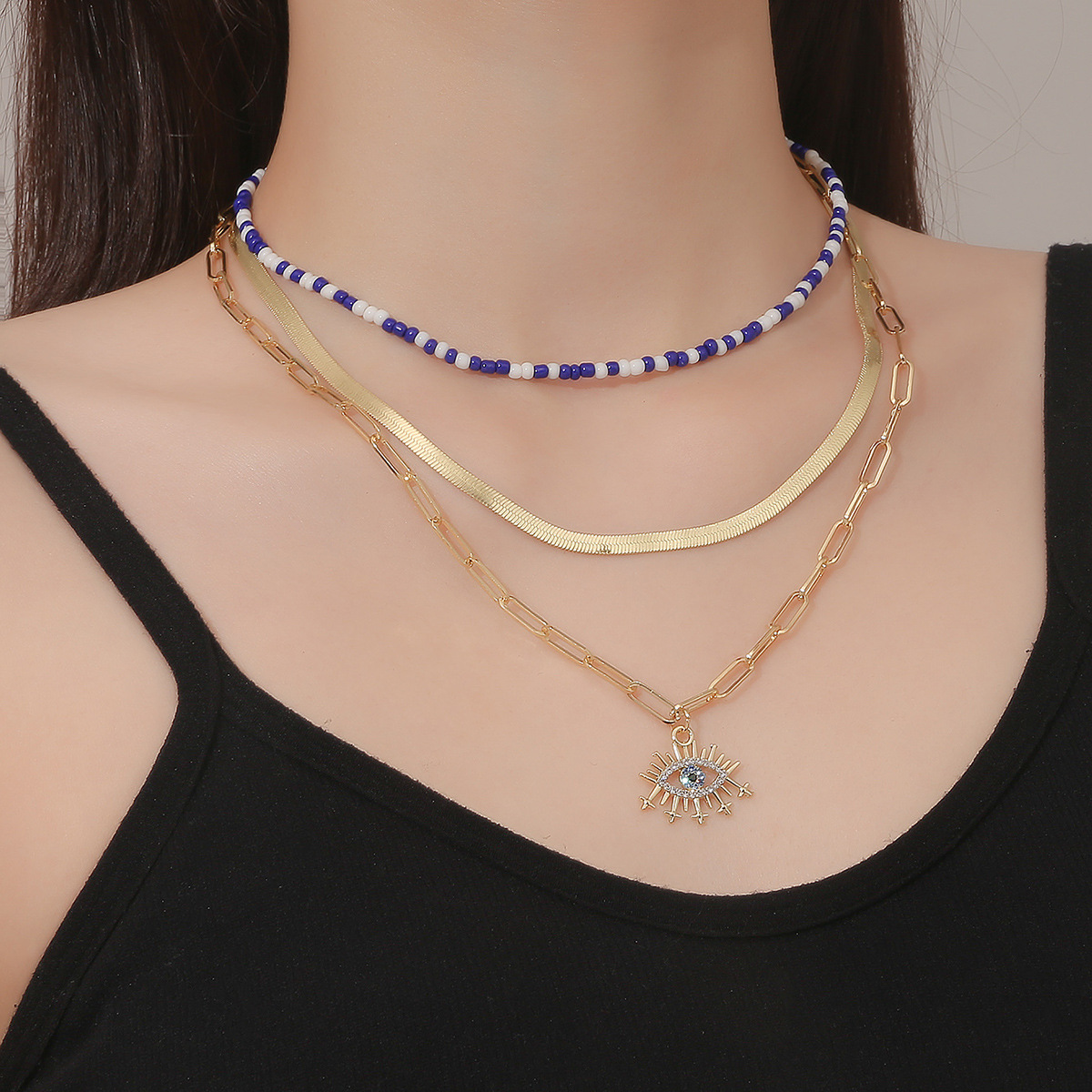 collana con occhio di diavolo di alta qualità, nuova collana multistrato con ciondolo in lega con occhio esagerato_voghion.com