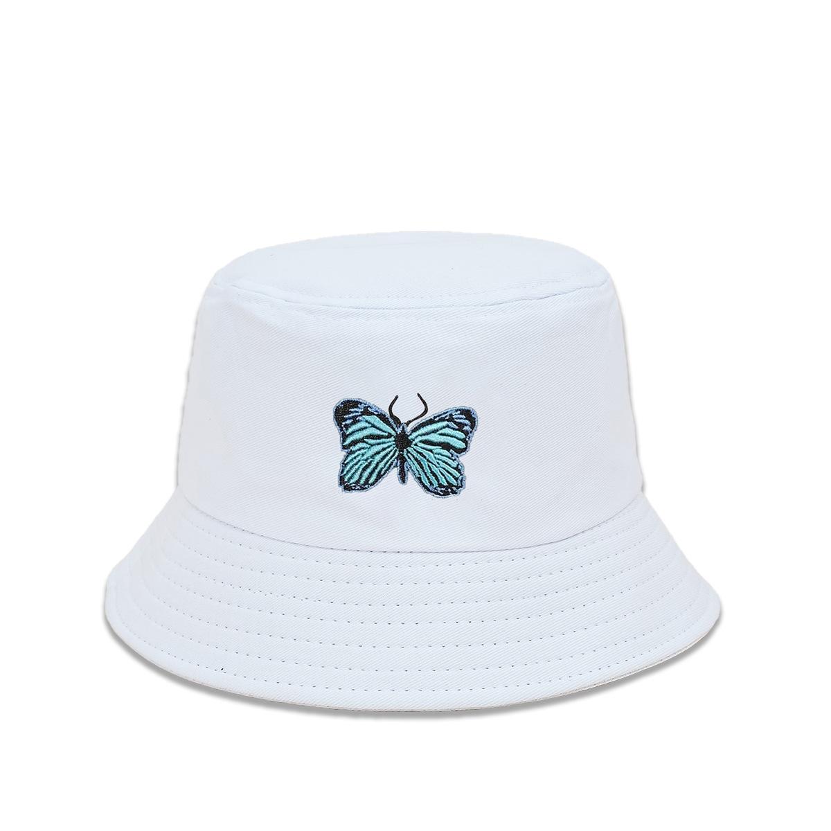 Nuevo sombrero de pescador de mariposa azul bordado simple todo partido sombrero de mujer de ala ancha cara de aspecto pequeño sombrero de lavabo de moda estilo coreano sombrero para el sol
