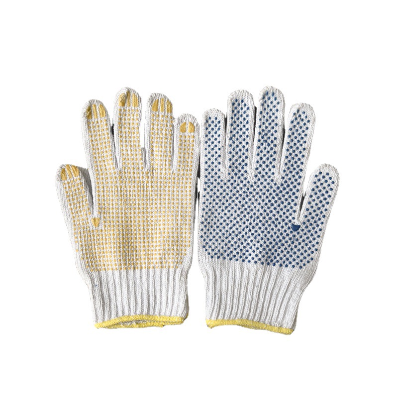 Hilo de algodón blanqueado de doble cara azul dispensación PVC Protección Laboral resistente al desgaste Guantes generales para trabajadores de la construcción en stock G lote