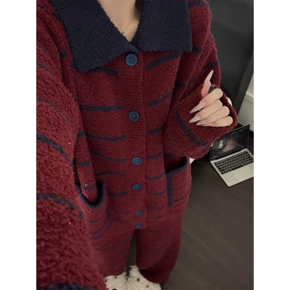复古条纹撞色半边绒睡衣女秋冬新款大码加绒加厚家居服套装可外穿