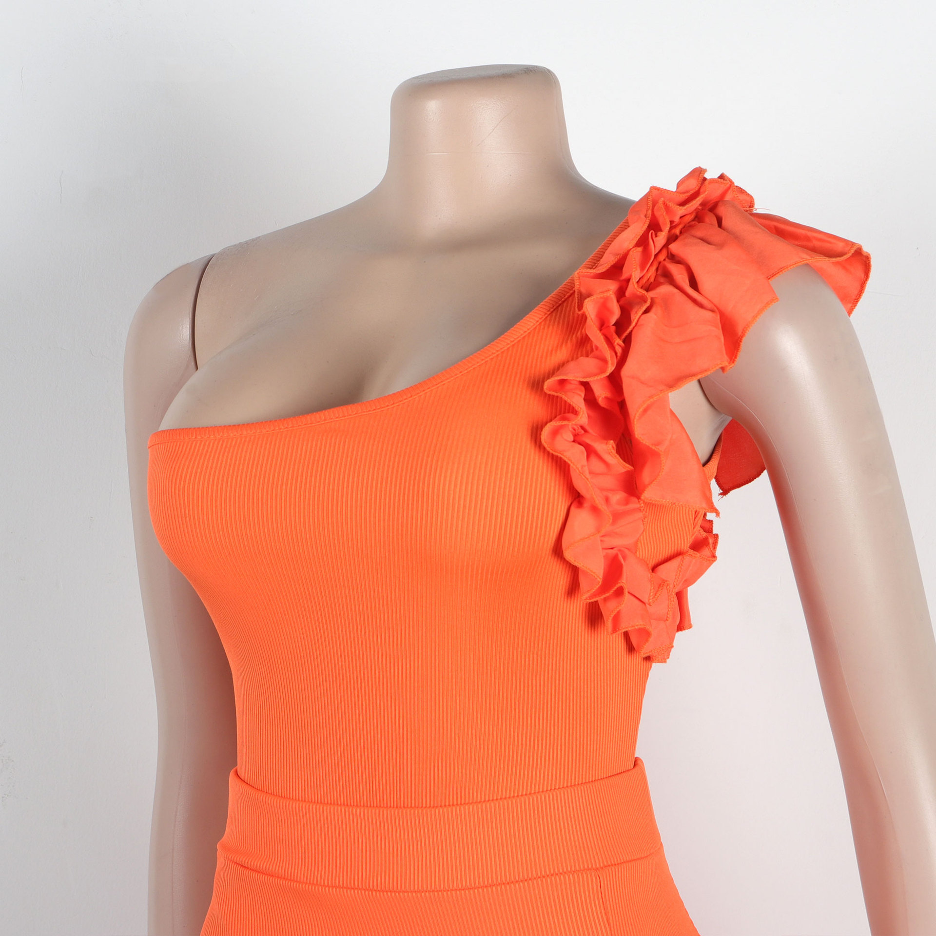 362g Weight Sleeveless Sleeve Length Polyester Fabric Type Skirt Co-ord Set Sets Type 2 Pieces Set Quantity Holiday Occasion One Shoulder Neckline Slim Fit Type Solid Color Pattern Summer Season Women's Gender Frill Design Elegant Style Holiday Women's Elegant Solid Color Polyester Frill Skirt Co-ord Set Skirt Sets 63