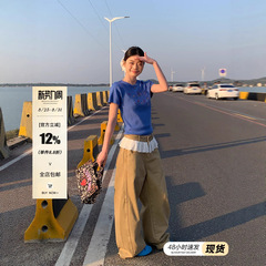 宋正恩卡其色洗水棉阔腿牛仔裤女夏季新款宽松蕾丝花边拼接长裤子