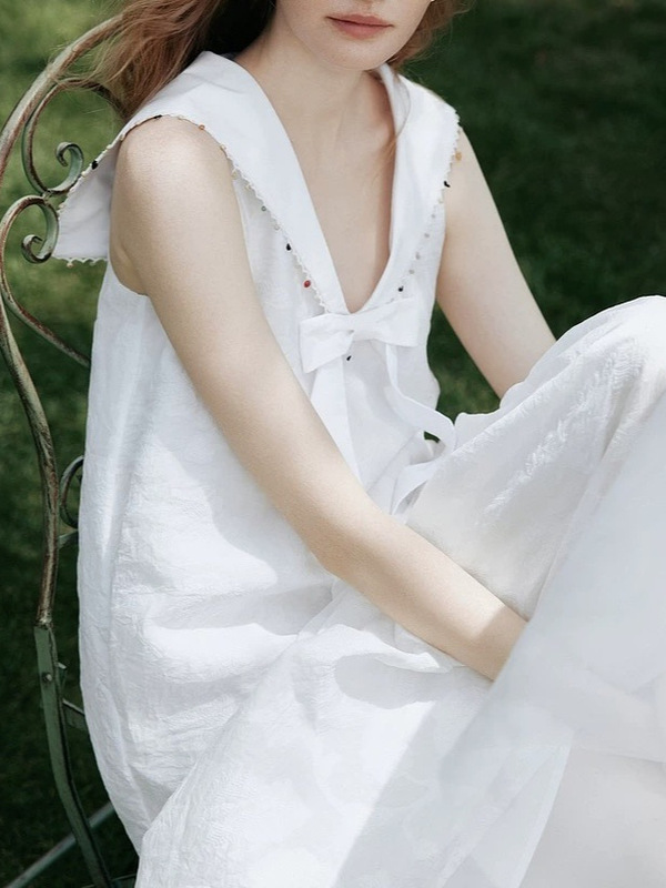 【明星同款】ELLE拾贝少女海军领连衣裙女2025夏季新款减龄小白裙|undefined