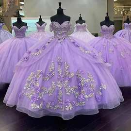 欧美跨境晚礼服一字肩3D立体花朵亮片蓬蓬裙高级感公主裙成人礼