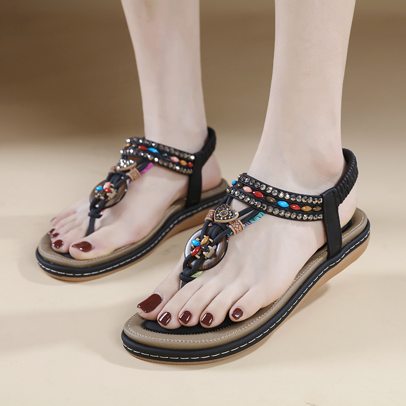 W676-2 Nuevas Sandalias Planas de Moda Casual Transfronterizas 2025 con Hebilla de Cuentas de Madera y Pedrería para Mujer, Playa de Tailandia