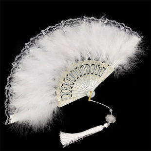 Performance Fan Folding Fan Student High-Value Lace Feather Fan Hanfu Accessory Cheongsam Runway Dance Independent Stand
